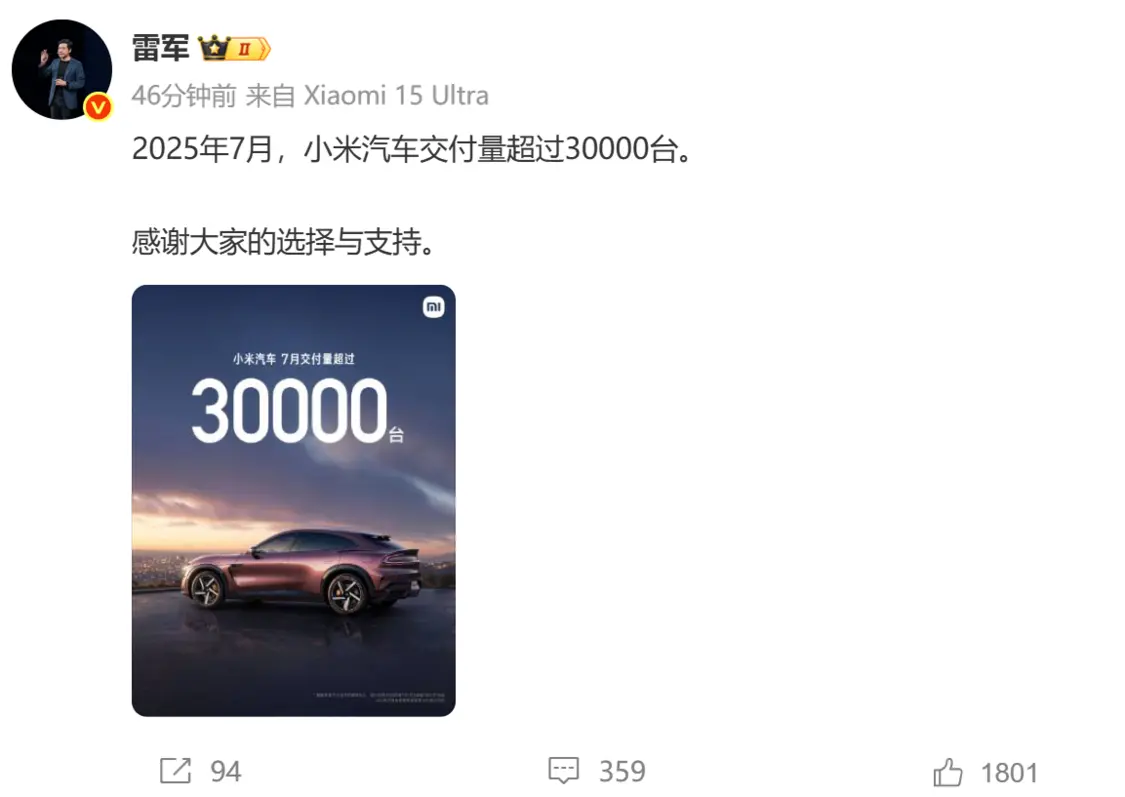 小米汽車7月交付量超3萬 雷軍：感謝大家的選擇與支持