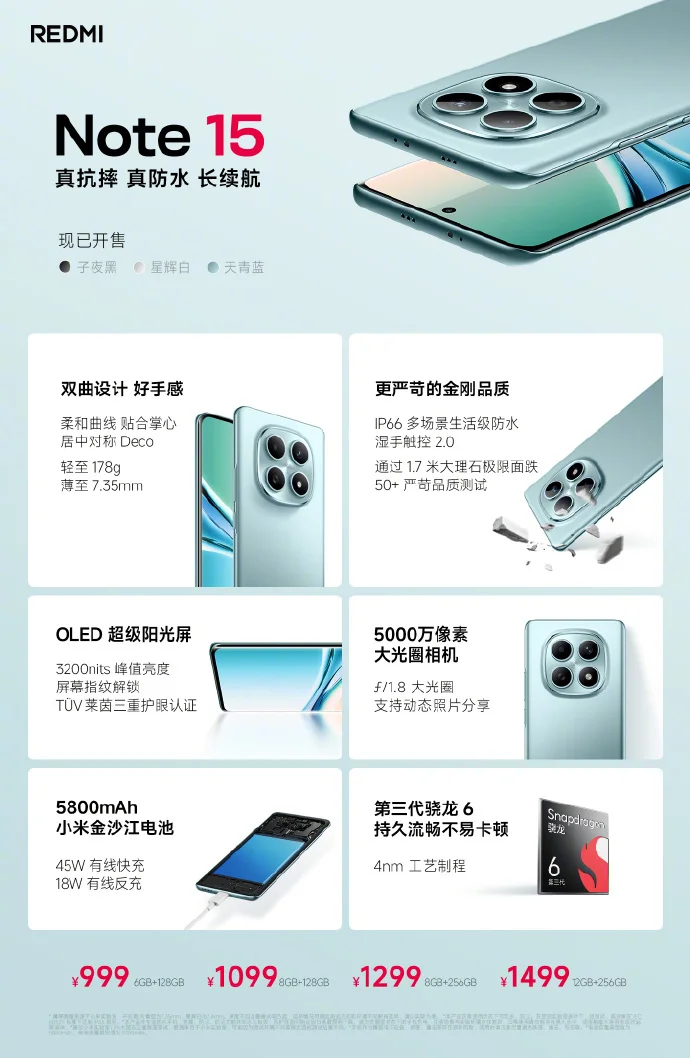 REDMI Note 15系列發布:999元起,Pro+版首搭衛星通訊功能